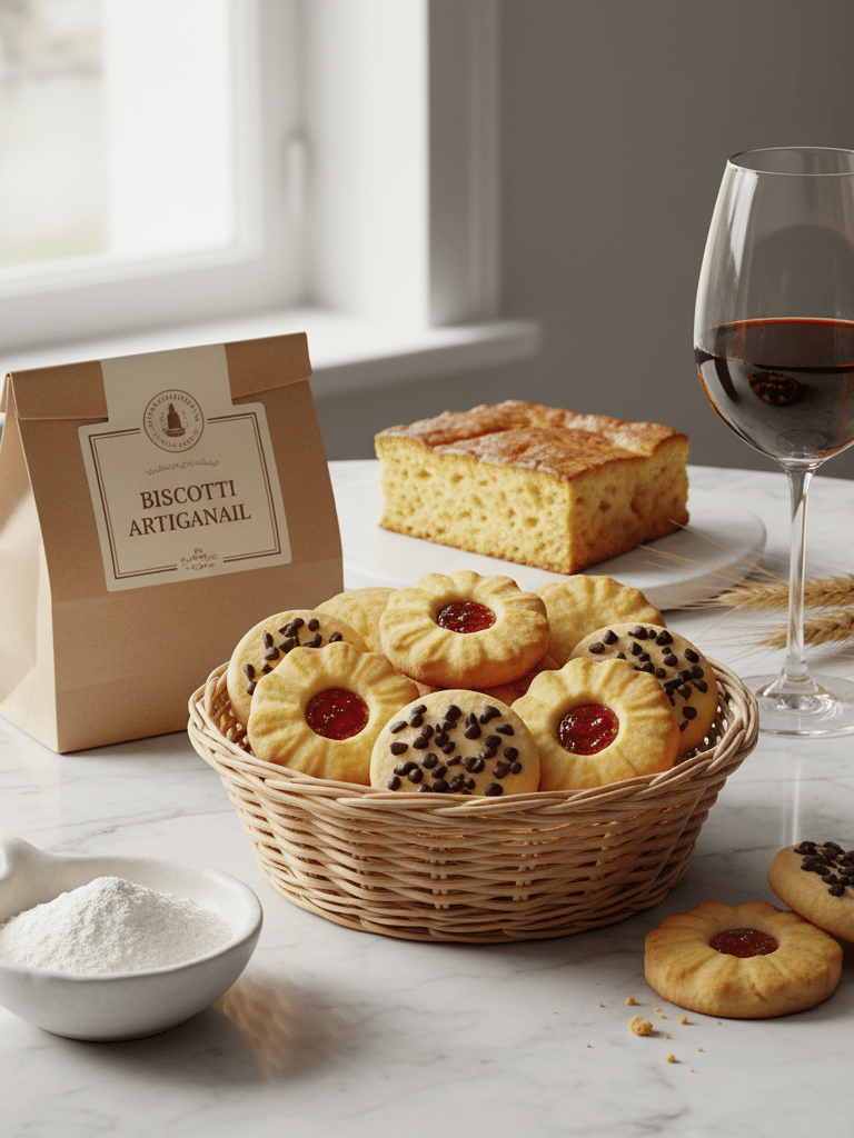 a basket of cookies and a glass of wine