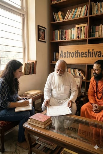 Astrologer performing future telling consultation with kundli chart