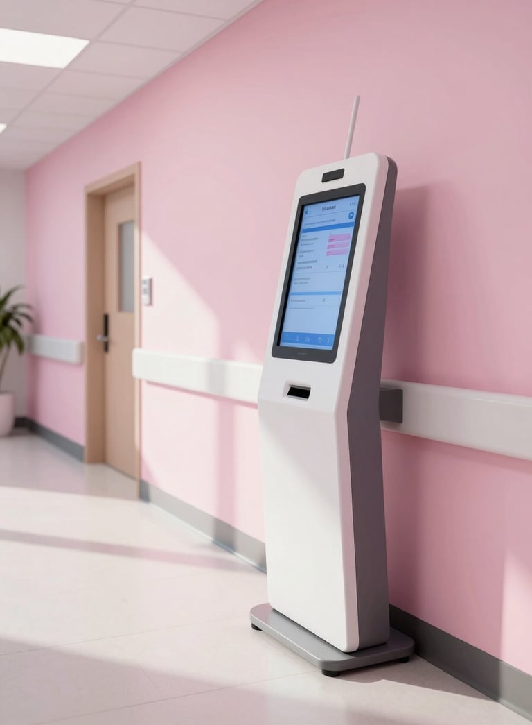 A high-end North American / US medical facility hallway, minimalist and bright, featuring a soft pink and white color palette, soft afternoon lighting, focus on a modern digital kiosk.