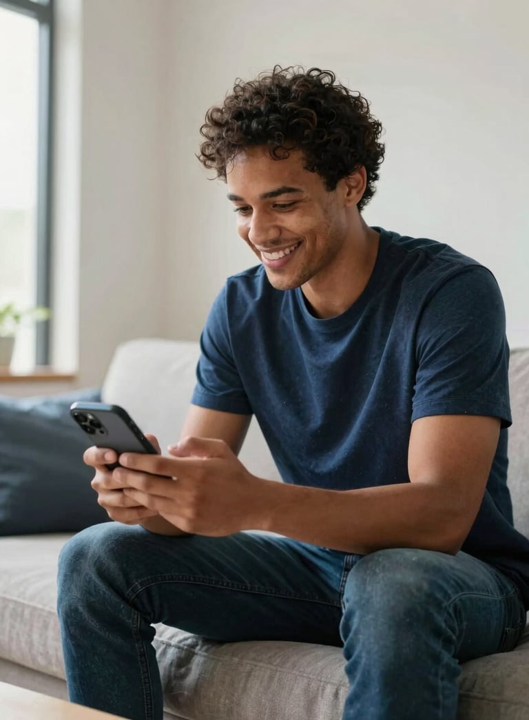 A high-quality lifestyle photograph of a professional North American person sitting in a modern, sunlit living room, smiling while interacting with a smartphone. The scene uses a palette of dark blue and bright blue accents with off-white walls, conveying a clean and innovative mood.