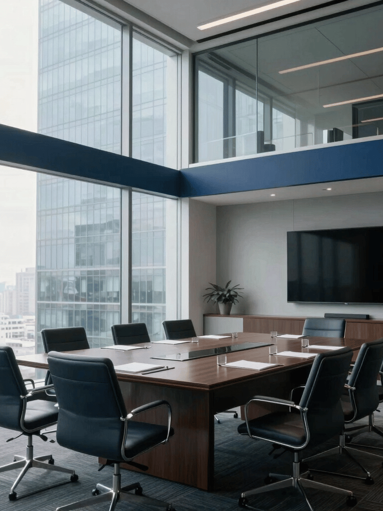 A wide shot of a professional North American corporate boardroom in a glass-walled skyscraper, soft morning light illuminating a clean minimalist setting with navy blue accents.