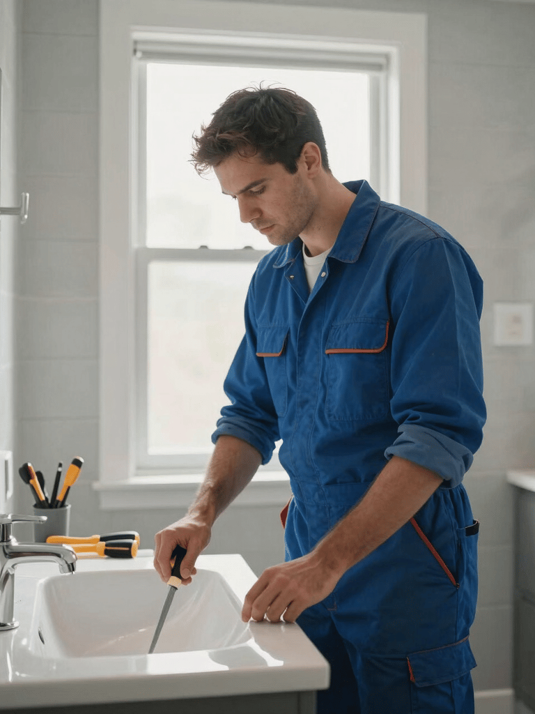 A professional bathroom contractor in work gear assessing a renovation project in a Los Angeles home, soft window lighting, modern tools nearby, blue and gray accents, high-quality residential photography.