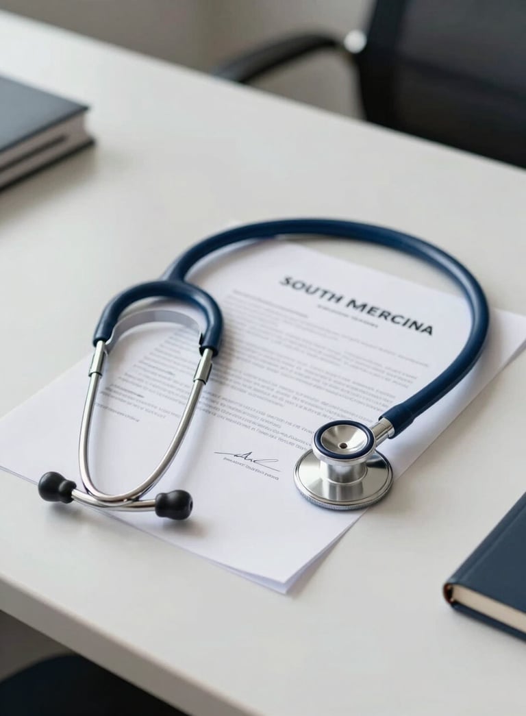 A medical stethoscope resting on top of a signed legal document on a clean, modern desk in a South American office, professional photography, soft daylight, dark blue and white tones.