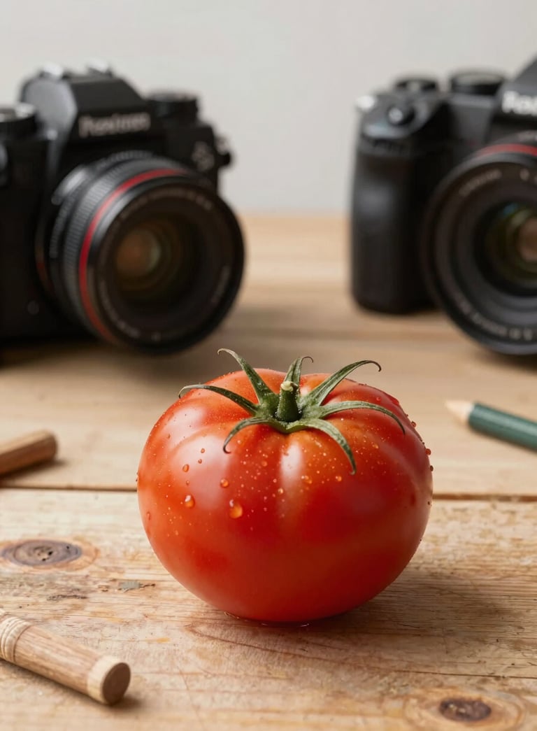 A clean, bright North American studio workspace with a deep ripe crimson tomato being photographed on a rustic wooden surface, high-end camera equipment visible, cozy and professional vibe.