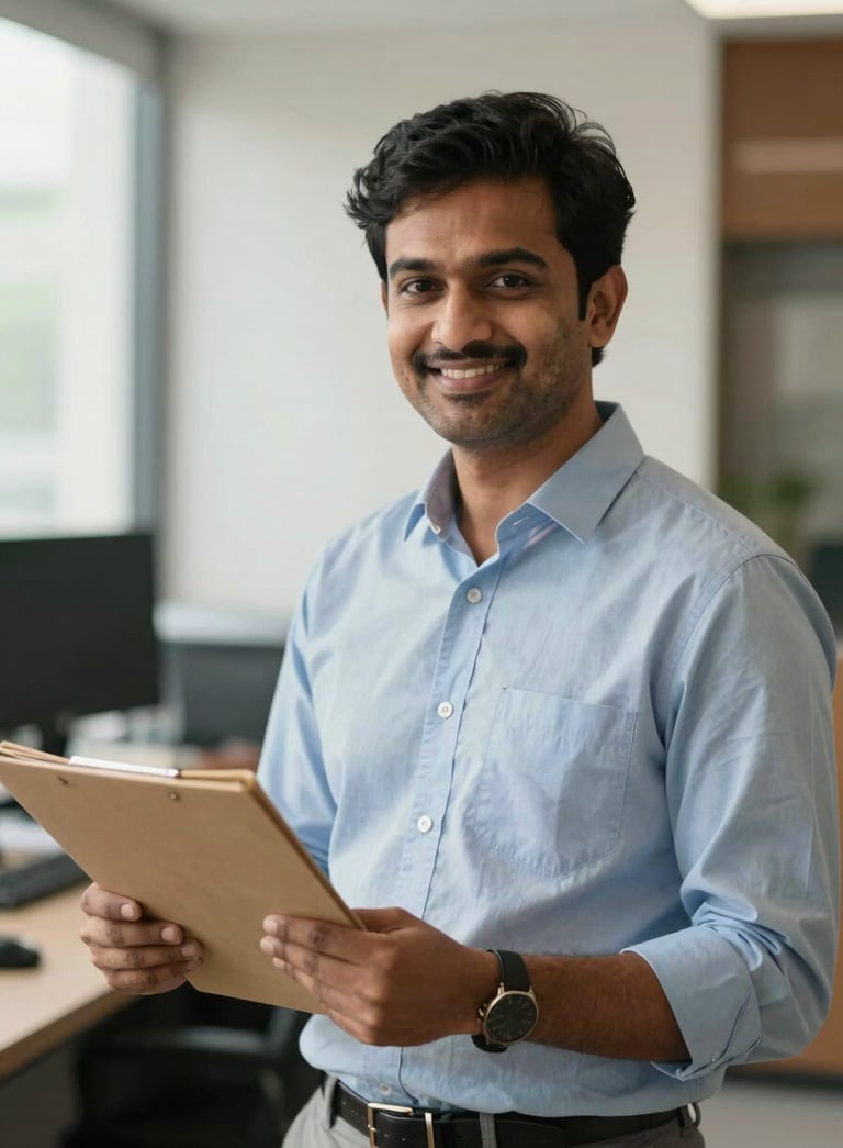 A South Asian / Indian recruitment consultant in a professional office setting in Raipur, holding a folder and smiling confidently, soft natural lighting.
