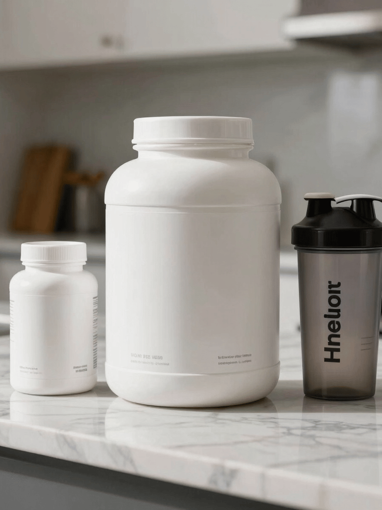 Professional photography of premium white supplement bottles and a protein shaker on a clean, sunlit marble kitchen countertop in a modern North American home.