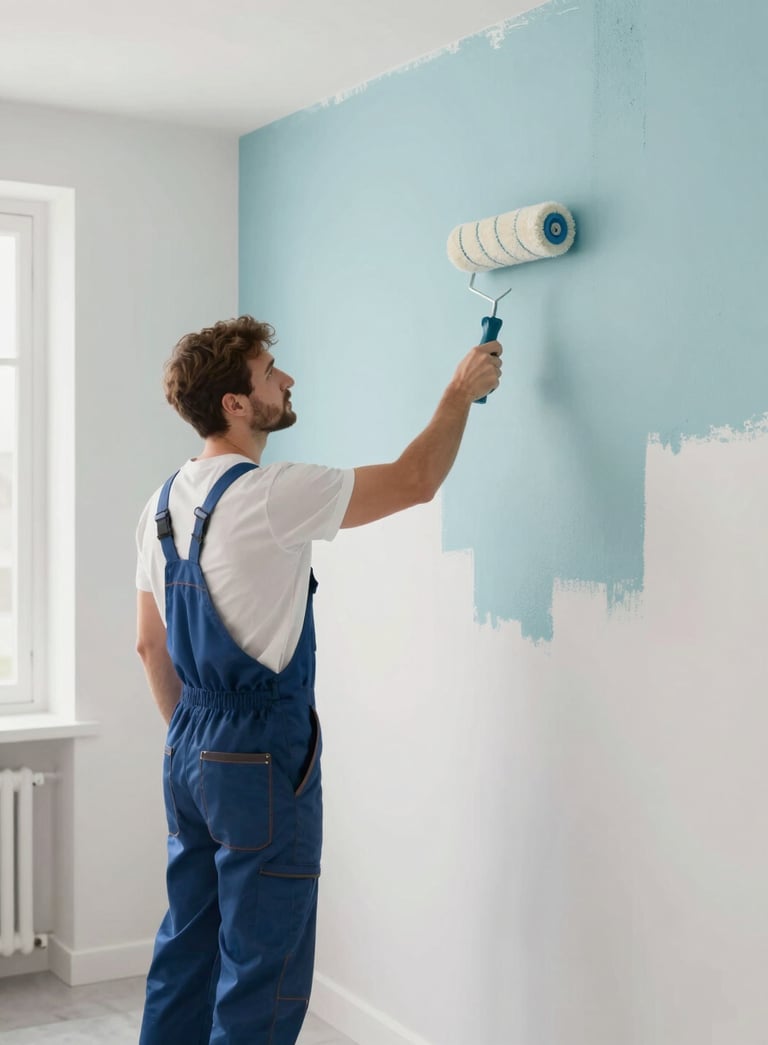 A professional painter in clean uniform painting a modern interior wall using a roller. The room is bright and stylishly decorated, incorporating subtle shades of brand colors #4C7B9E and #A7BCCD.