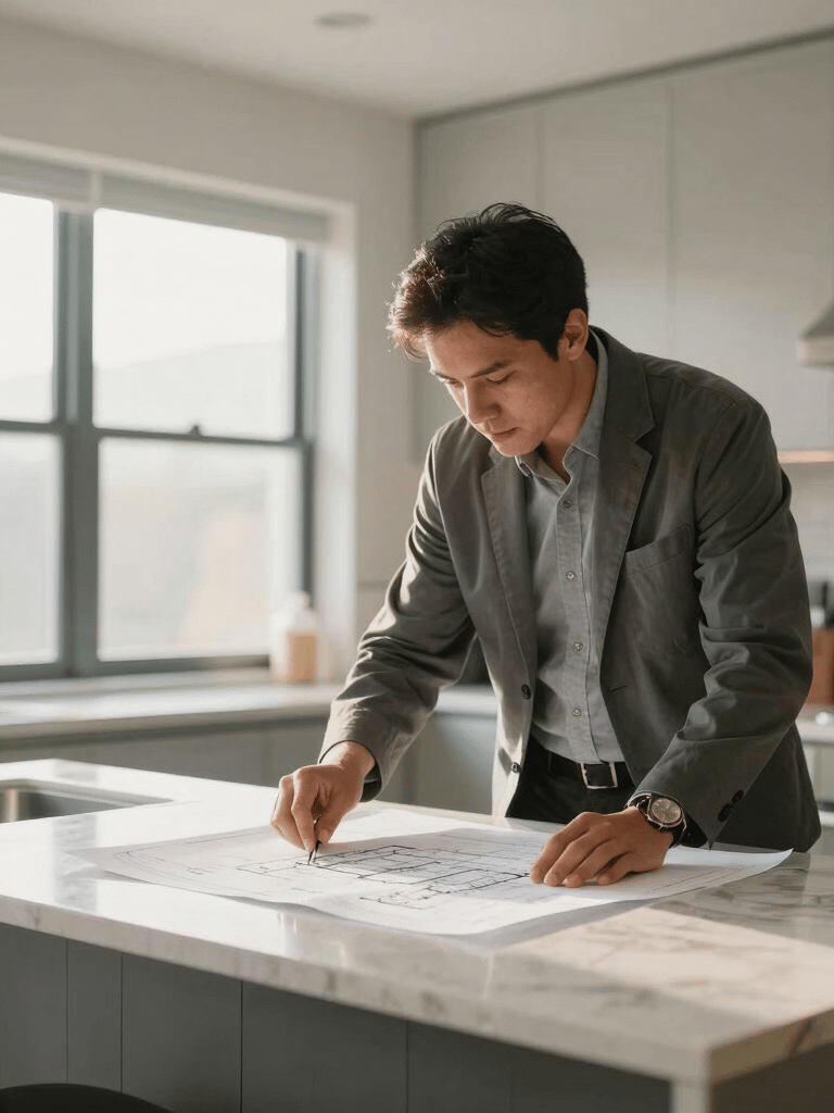 A North American general contractor in professional attire reviewing architectural blueprints on a clean kitchen island, soft morning light coming through large windows.