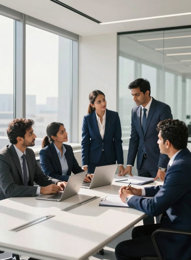 A professional group of South Asian / Indian recruiters and corporate experts collaborating in a sleek, modern office in Navy Blue and Pearl White tones, soft sunlight streaming through large glass windows.