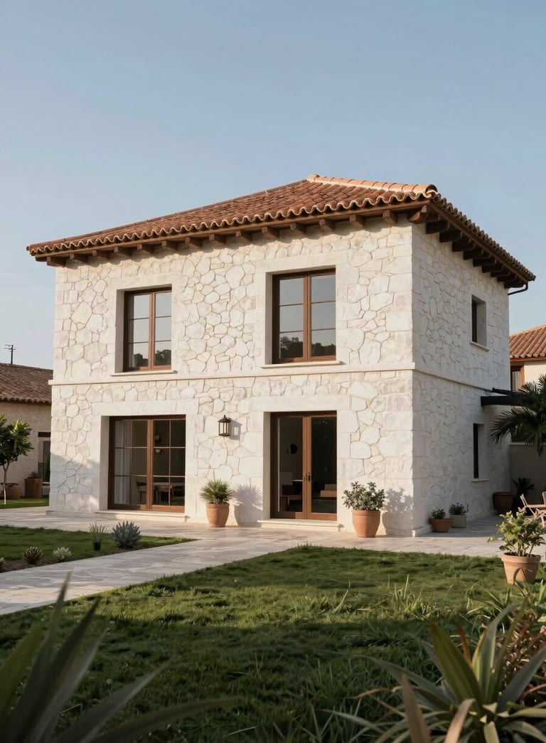 A stunning exterior view of a renovated traditional Southern European / Spanish chalet with a modern touch, featuring white stone walls, a terracotta roof, and a clean landscaped garden under a clear sky.