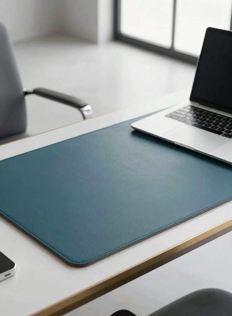 A minimalist, premium workspace featuring a dark teal leather desk pad, a high-end laptop, and a subtle gold-trimmed glass. The composition is clean and authoritative, shot in a bright, modern corporate building. Global / Spanish-speaking.
