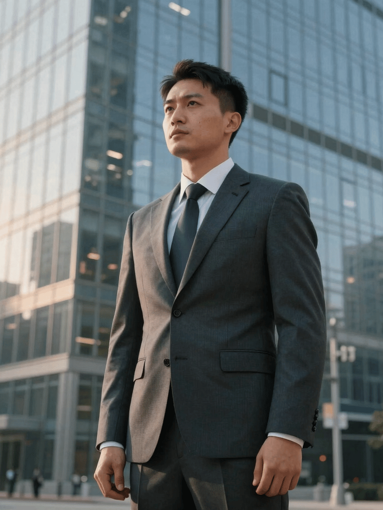 A professional security specialist in a charcoal suit standing alert in front of a modern glass office tower in a North American city, soft morning light.