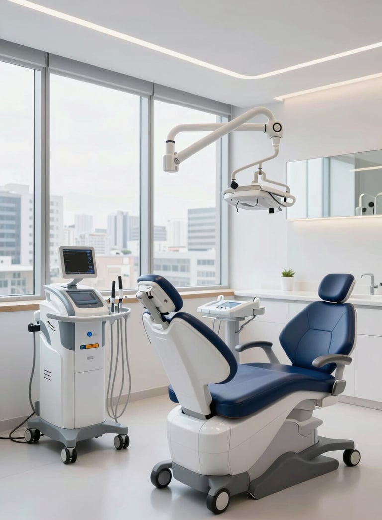 A modern, bright Brazilian dental studio with high-end digital equipment, clean minimalist design, large windows showing a cityscape, colors of soft white and professional navy blue.