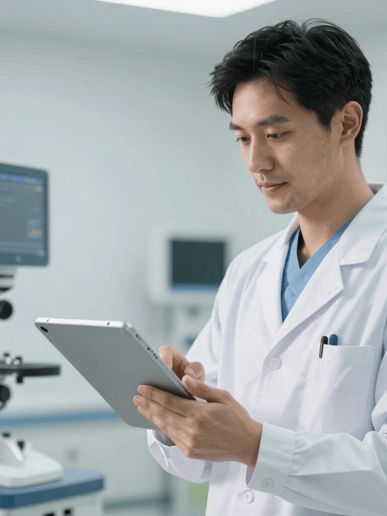 A professional medical technologist in modern clinical attire using a sleek tablet device in a bright, clean North American hospital setting with white and pale blue accents.