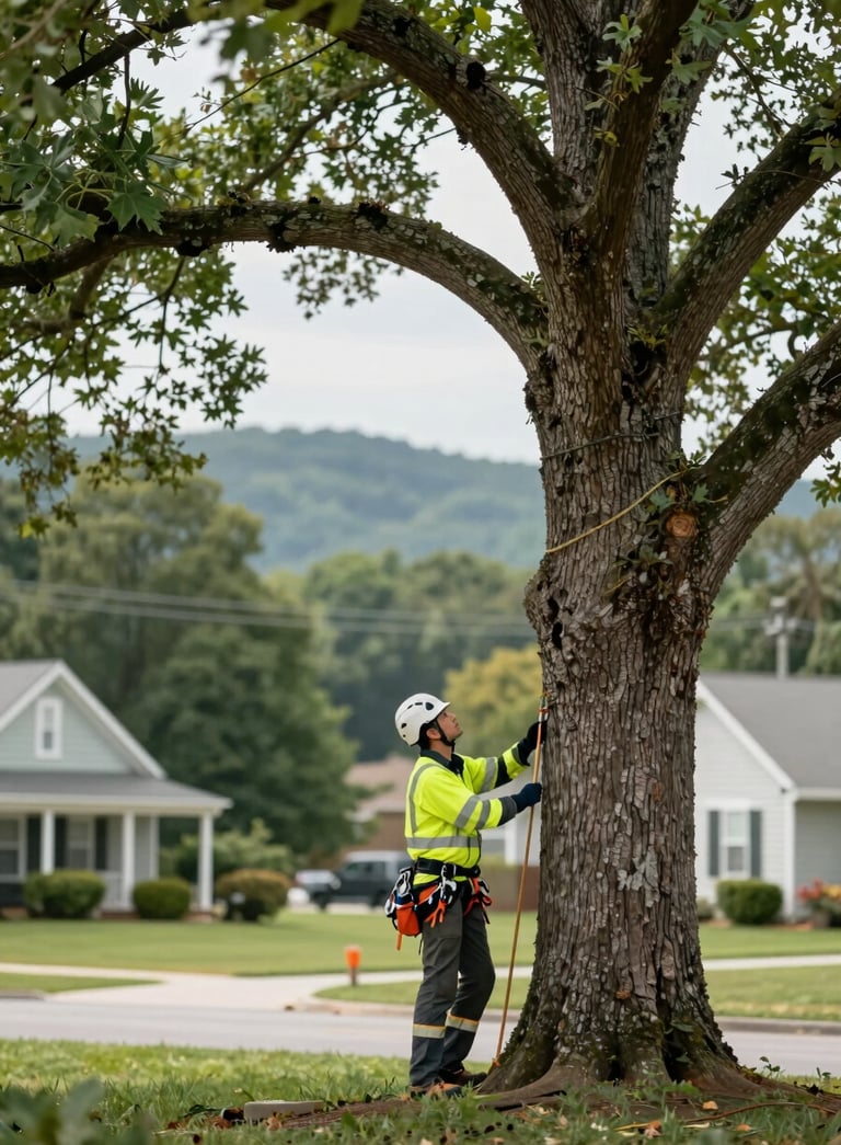 A professional arborist, Miguel Giron, wearing high-visibility safety gear and a helmet, looking up at a tall oak tree in a residential Greenville neighborhood. The composition is grounded and sophisticated, with the lush greenery of the Blue Ridge region in the background. Colors include #1A2C21 and #2F5C3E.