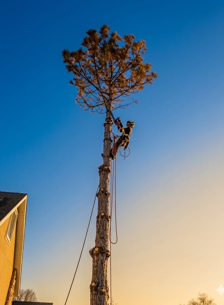 Certified arborist climbing a tall tree using professional rope rigging equipment against a clear bl