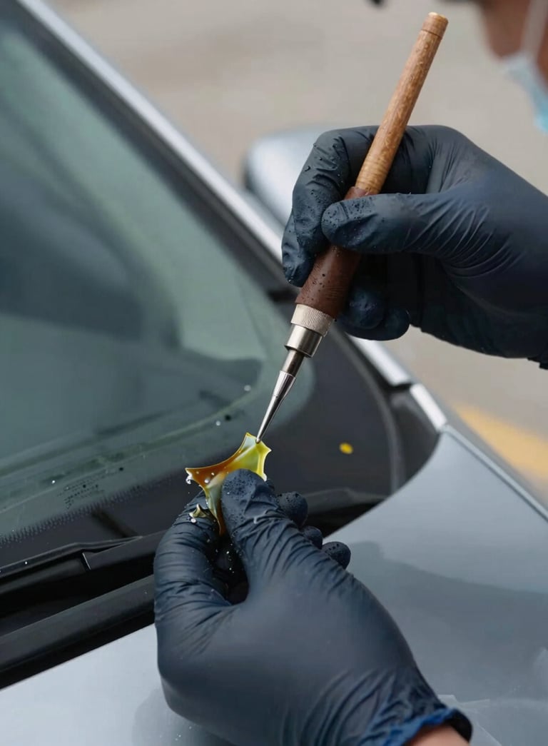 Close-up of a professional technician's hands in dark blue gloves carefully applying resin to a small windshield chip, focused lighting, North American car setting.