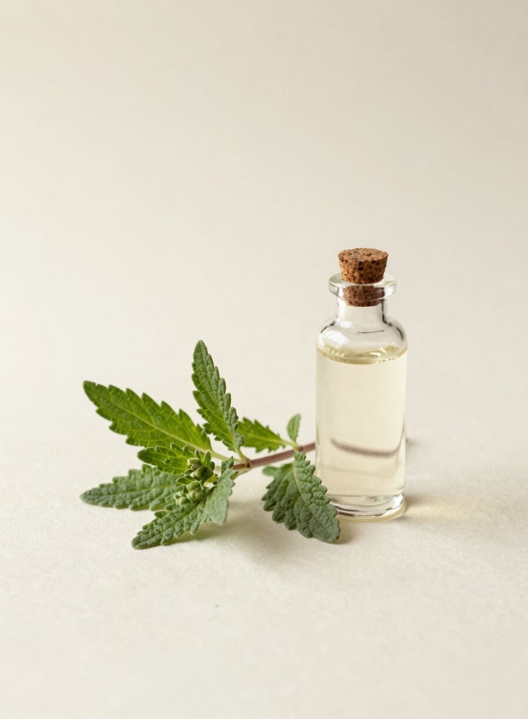 A symbolic still-life photo of a sprig of fresh medicinal herbs lying next to a small, elegant glass bottle, soft cream background, minimalist composition, soft morning light.