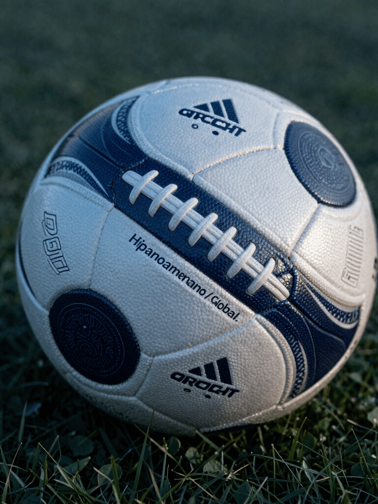 Close-up of a high-tech football with silver and navy accents resting on a pristine turf, cinematic cool blue atmosphere, professional photography, Hispanoamericano / Global.