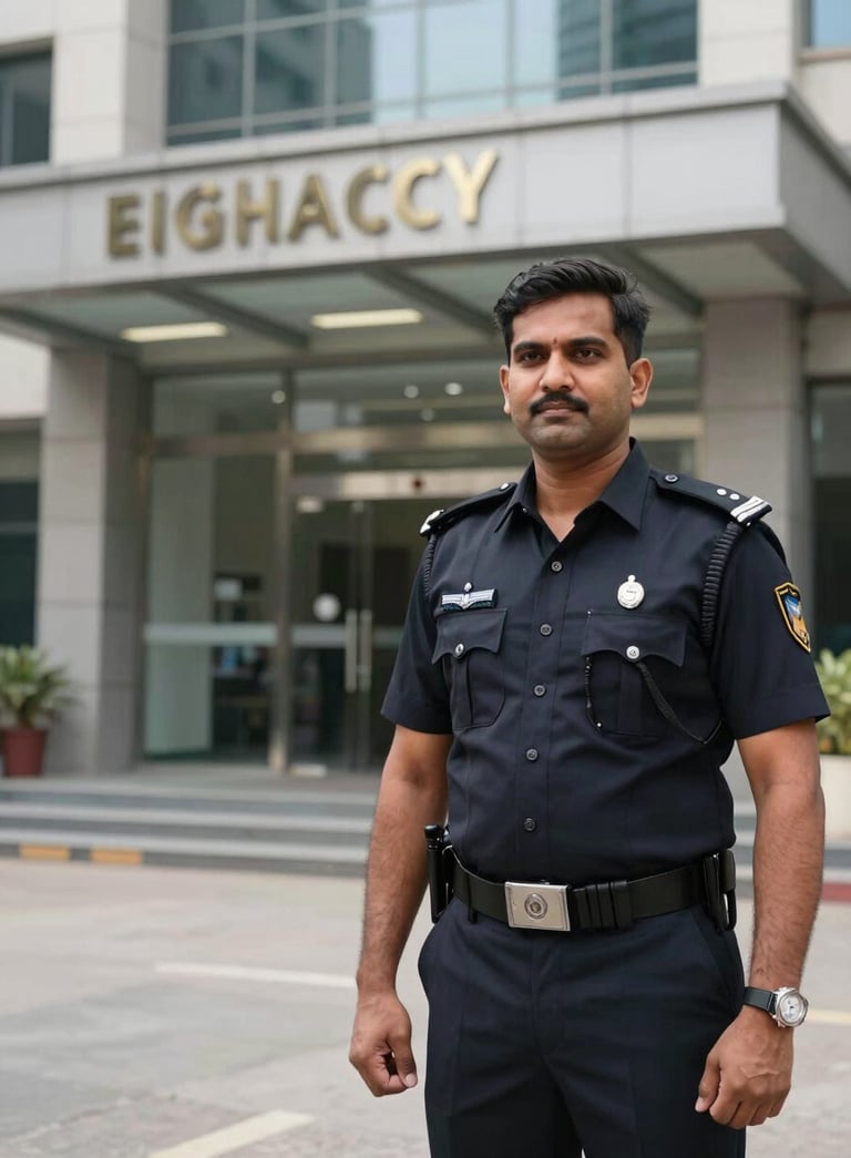 A professional security officer standing confidently in front of a modern corporate entrance in a South Asian / Indian city, wearing a sharp dark navy uniform.