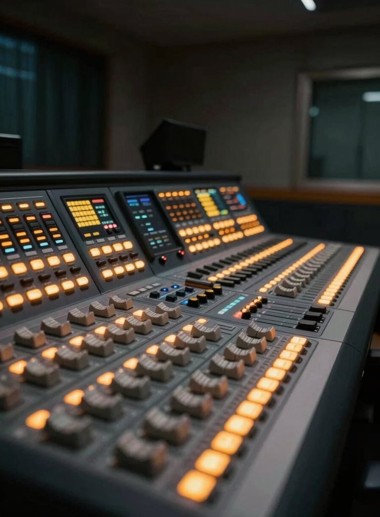 A side view of a professional broadcasting console in a dim control room, amber LED indicators glowing warmly against a deep charcoal technical background. The atmosphere is quiet and focused, typical of a top-tier Chinese radio station.
