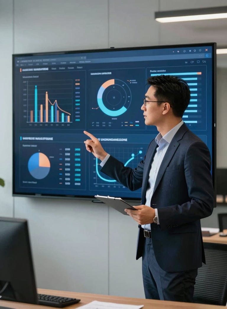 A professional marketing director in a high-end North American office setting, presenting data on a sleek digital interface with deep steel blue highlights.