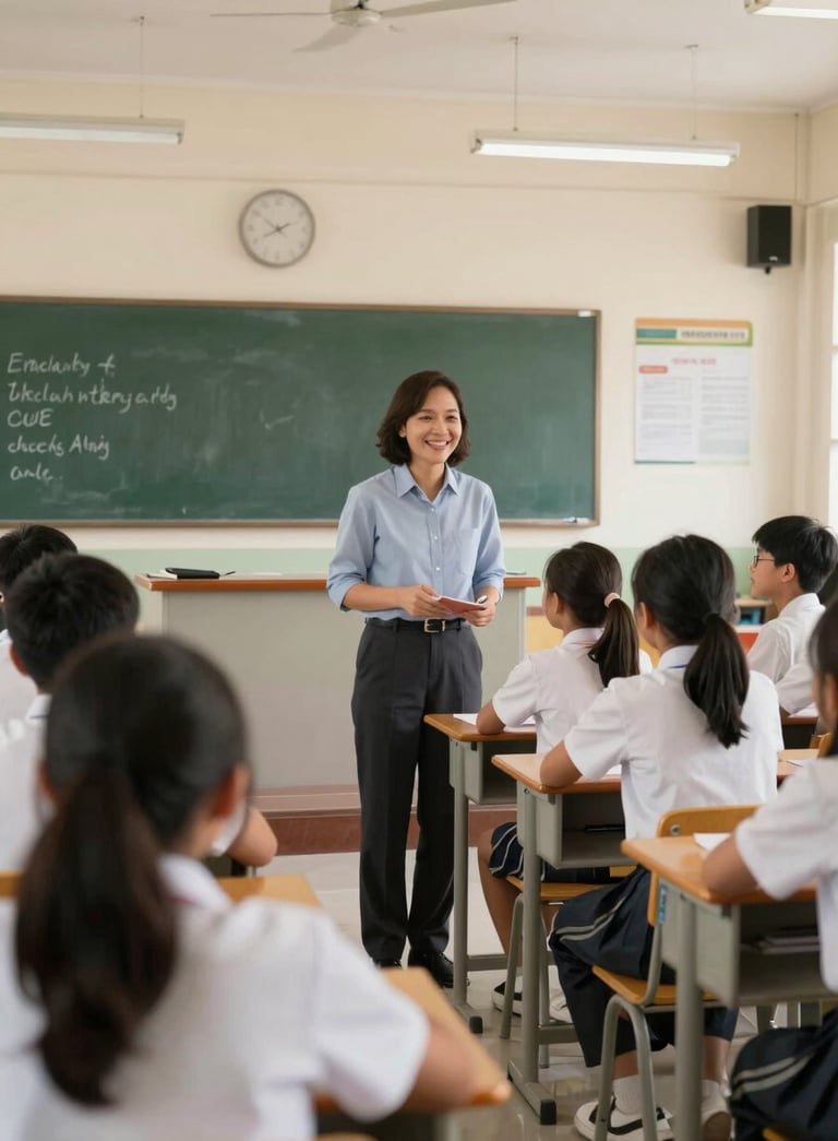 Wide-angle photograph of a happy international teacher interacting with students in a well-equipped Southeast Asian / Thai school, warm soft off-white lighting.