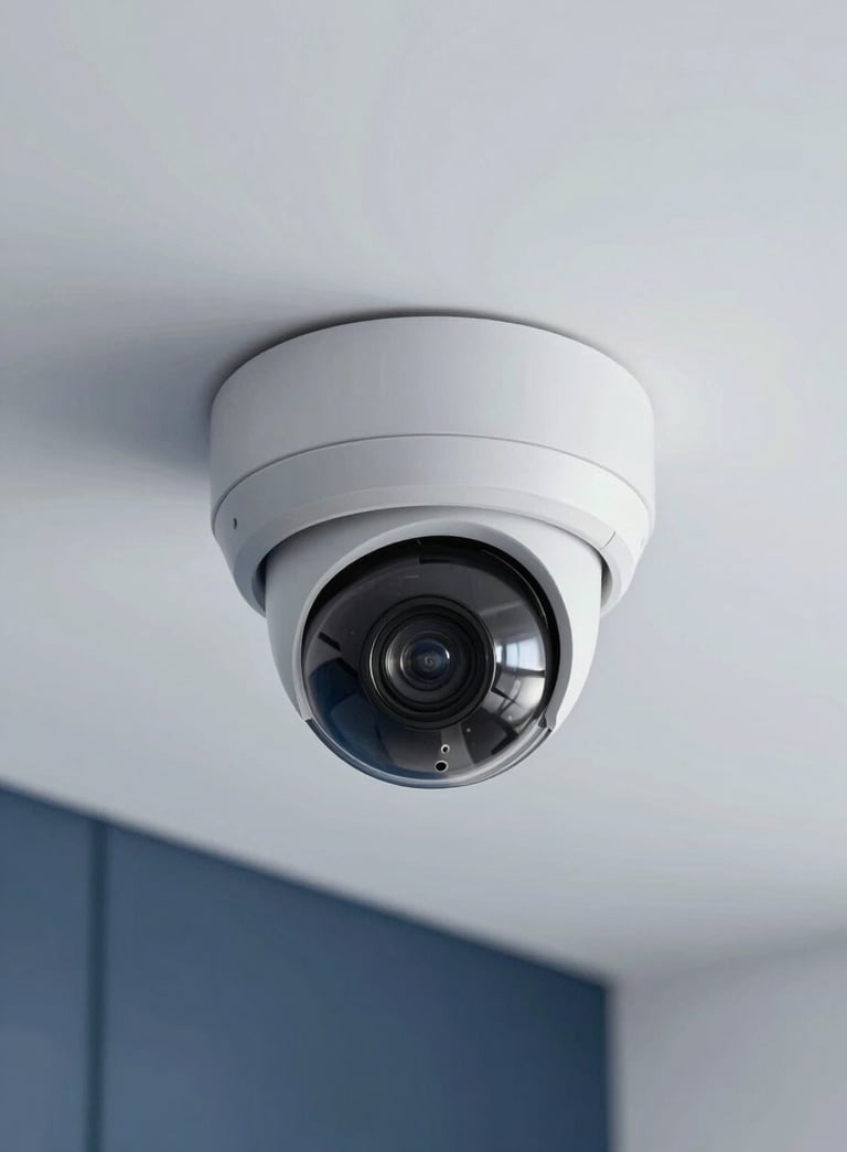 A close-up of a high-tech, modern dome security camera mounted on a clean white ceiling of a sophisticated Latin American office building, soft architectural lighting, dark blue and light gray tones.