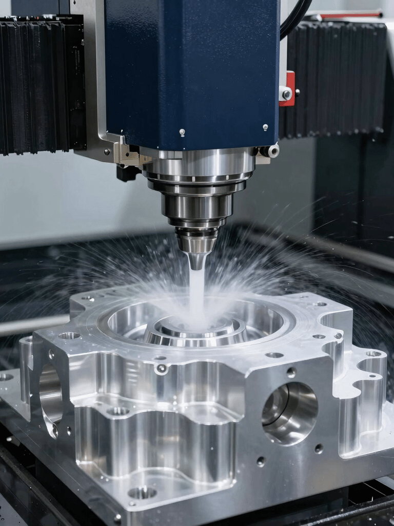 Detailed photography of a modern CNC machining center milling a complex aluminum part, high-tech industrial setting in South America, cooling fluid spraying, bright lighting with dark navy blue and silver accents.
