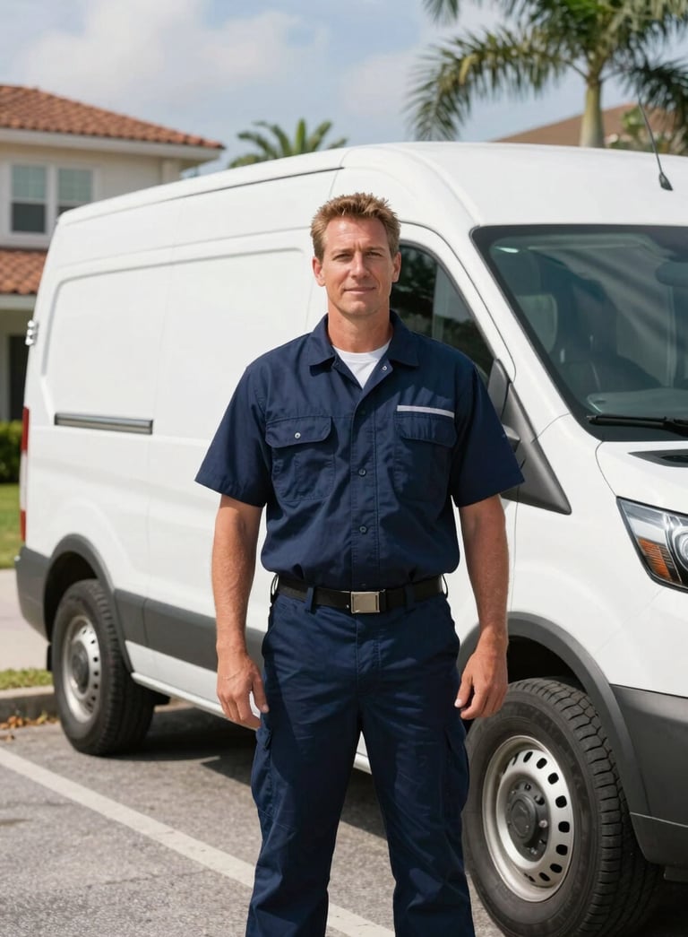 A professional plumbing expert in a dark navy blue uniform standing proudly in front of a white service van in a sunny North American / US - Florida neighborhood, bright and reassuring atmosphere, high-quality photography.