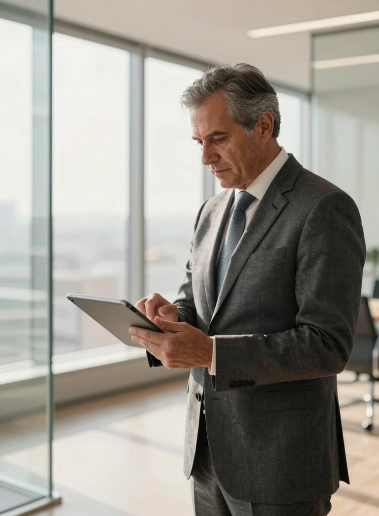A professional North American / Mexican senior executive in a modern, light-filled office with glass walls, wearing a charcoal suit, looking at a tablet, world-class corporate setting, soft morning light, tobacco and parchment color tones.
