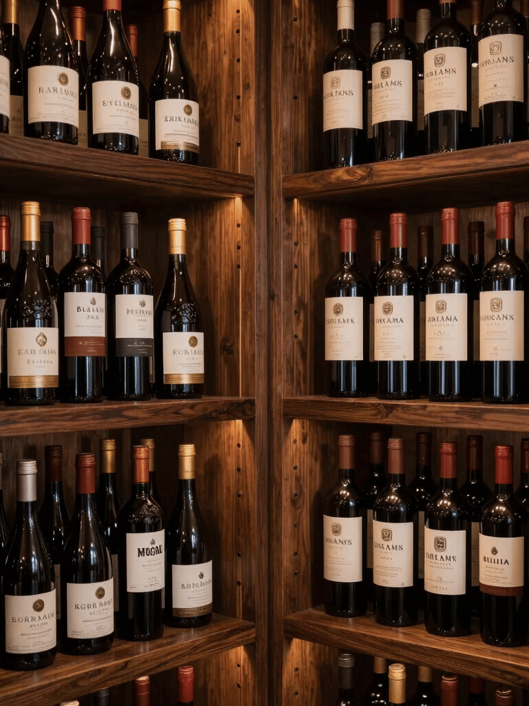 Photography of a sophisticated wine cellar in Brazil with warm ambient lighting, elegant bottles on dark wood shelves, reflecting a premium South American atmosphere.
