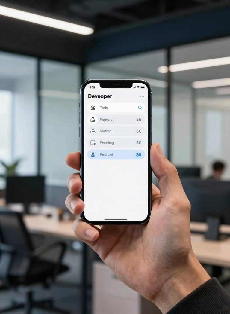 A professional mobile developer in a sleek North American / US office environment, holding a high-end smartphone showing a clean interface. The background is a mix of glass and steel with Dark Navy accents.