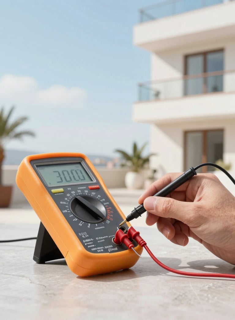 Close-up of a professional electrical multimeter testing a circuit in a modern Middle Eastern / Turkish home, bright natural light, featuring soft sky blue and pale ice blue colors.