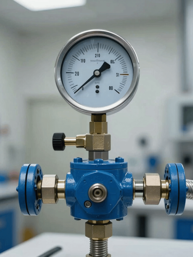 A detailed close-up of a hydraulic pressure gauge and a reinforced industrial hose. The colors are dominated by steel blue and silver. Photographed in a clean, professional lab environment in Jerusalem, Middle Eastern / Israeli context.