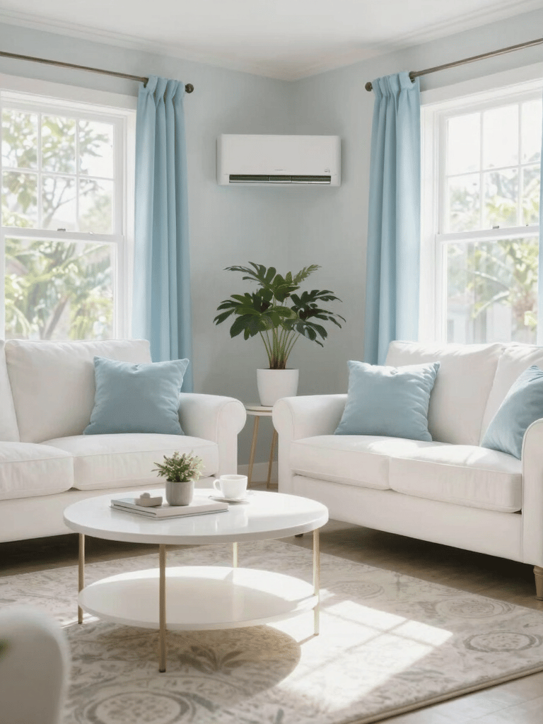 A bright, sun-filled living room in Orlando, Florida, with pristine white furniture and soft blue accents, emphasizing exceptional air quality and a healthy environment.