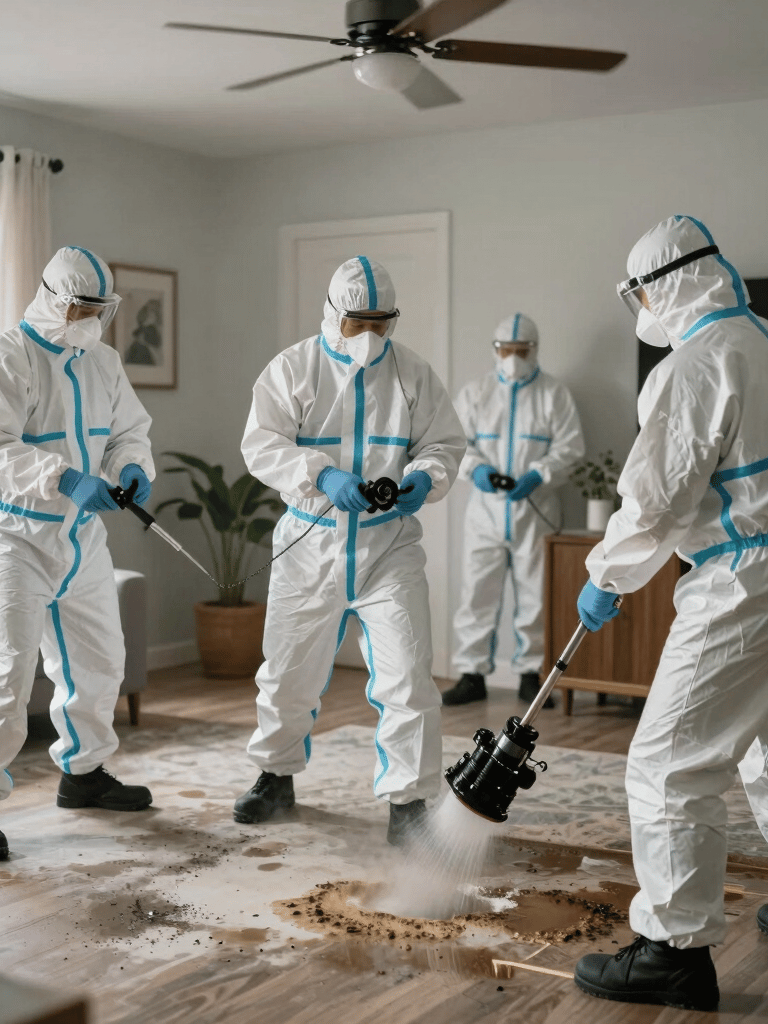 A professional North American emergency response team in white protective hazmat suits and masks performing rapid mold remediation inside a modern Florida home, cinematic lighting, sense of urgency.