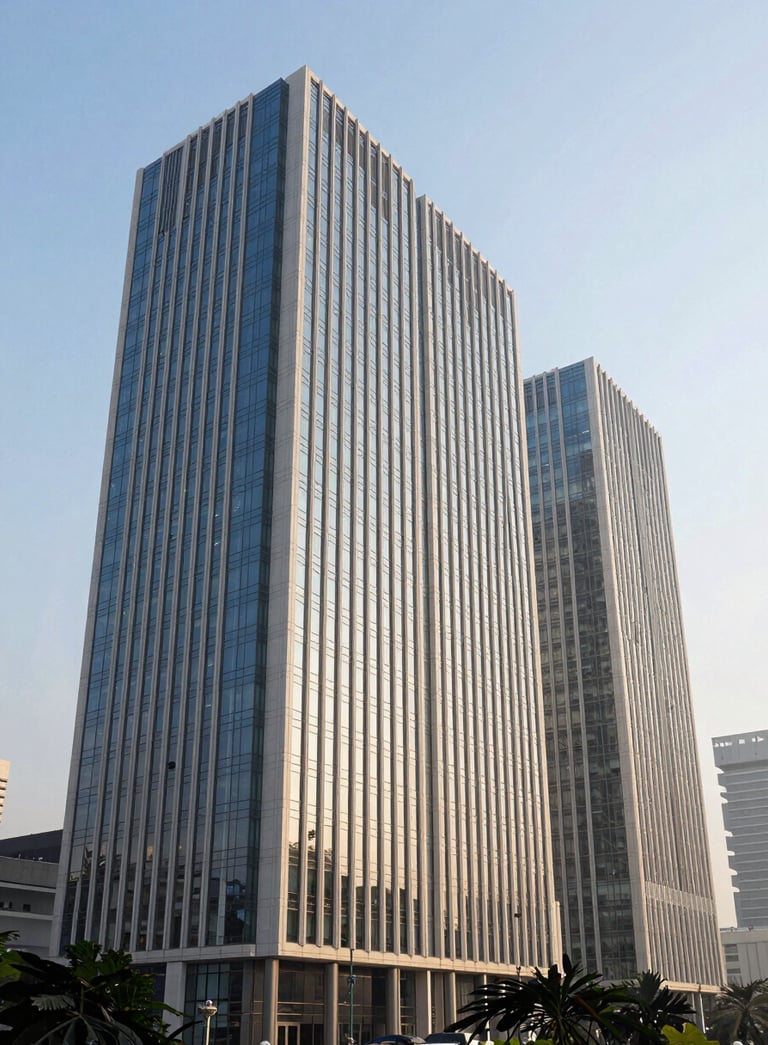 A wide-angle shot of a modern corporate glass building in a South Asian financial district under a clear morning sky. The composition is clean and architectural, highlighting professional trust and sophisticated engineering with off-white and deep blue tones.
