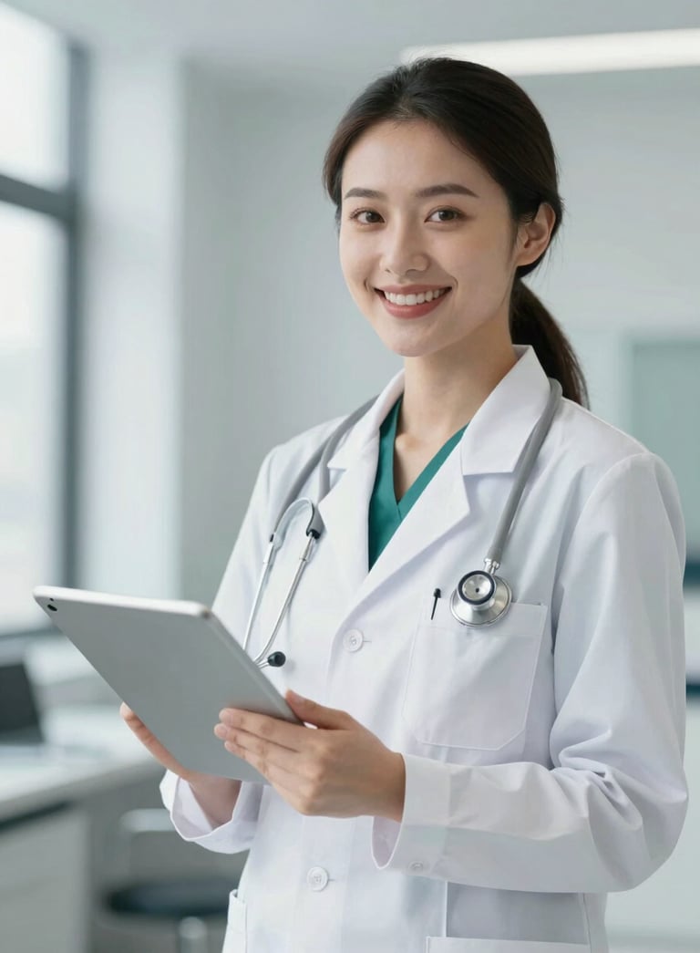 A professional female doctor smiling warmly, wearing a white lab coat and a stethoscope, holding a digital tablet. Clean, modern medical clinic background with soft natural lighting. Incorporates brand colors #0A362B and #F8F6F0.