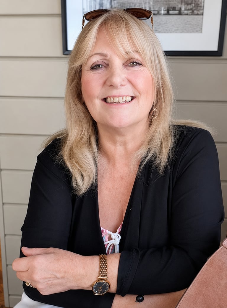 Maureen Chaloner wearing a black cardigan and gold watch sitting in a cafe.