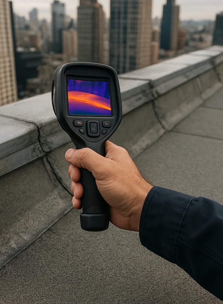 Close-up of a professional roof inspector's hand holding a high-tech thermal imaging camera pointing at a structural roof seam on a high-rise building in North American NYC, premium construction-grade aesthetic.