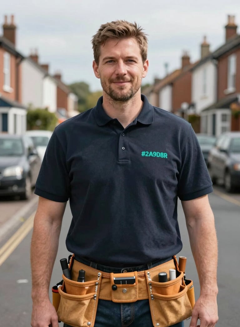 A professional portrait of a handyman in Wrexham, standing confidently with a tool belt. He is wearing a dark polo shirt with a subtle teal #2A9D8F logo. The background is a blurred residential street in Wrexham during a bright, clear day. The mood is approachable and trustworthy.