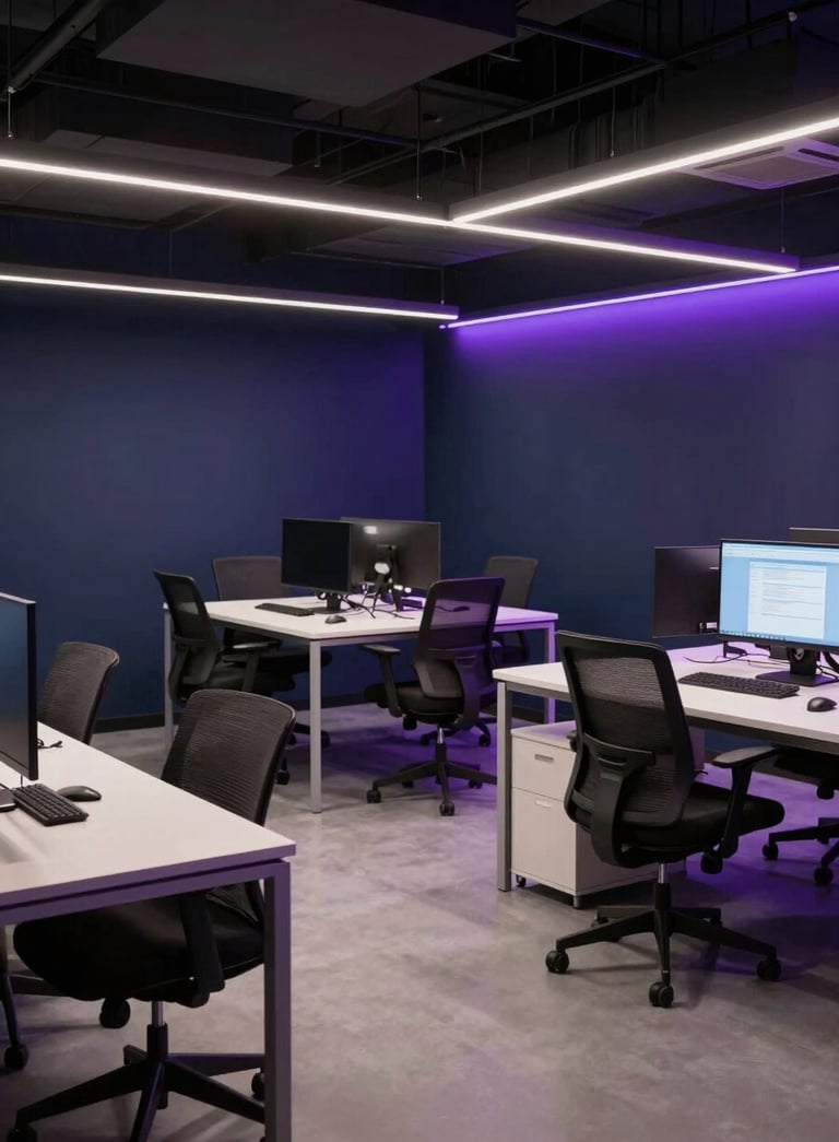 A high-end, professionally lit interior of a South Asian Indian technology hub featuring minimalist desks, ergonomic chairs, and subtle purple neon accents against dark navy walls.