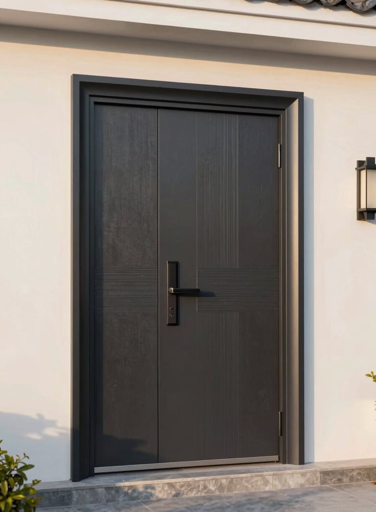 Modern steel door at a luxury residence, soft pearl white walls, dark slate charcoal door finish, clean lines, sunset lighting.