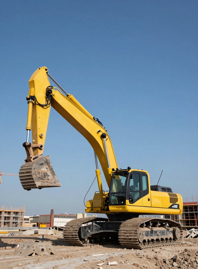 A premium low-angle shot of a sleek, modern construction project in Turkey under a clear blue sky, featuring heavy machinery in vibrant yellow, minimalist composition, professional photography style.