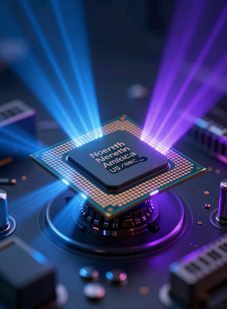 A close-up photograph of a futuristic processor chip being illuminated by neon blue and purple light beams in a dark, sophisticated technology lab in North America / US.