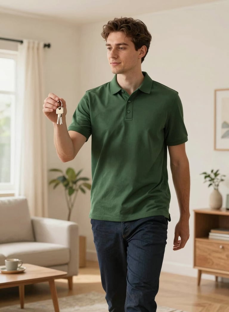 A professional house steward in a matte forest green polo shirt walking through a bright, airy living room with crisp parchment walls, holding a set of keys with a calm, reliable expression. Warm, natural lighting.