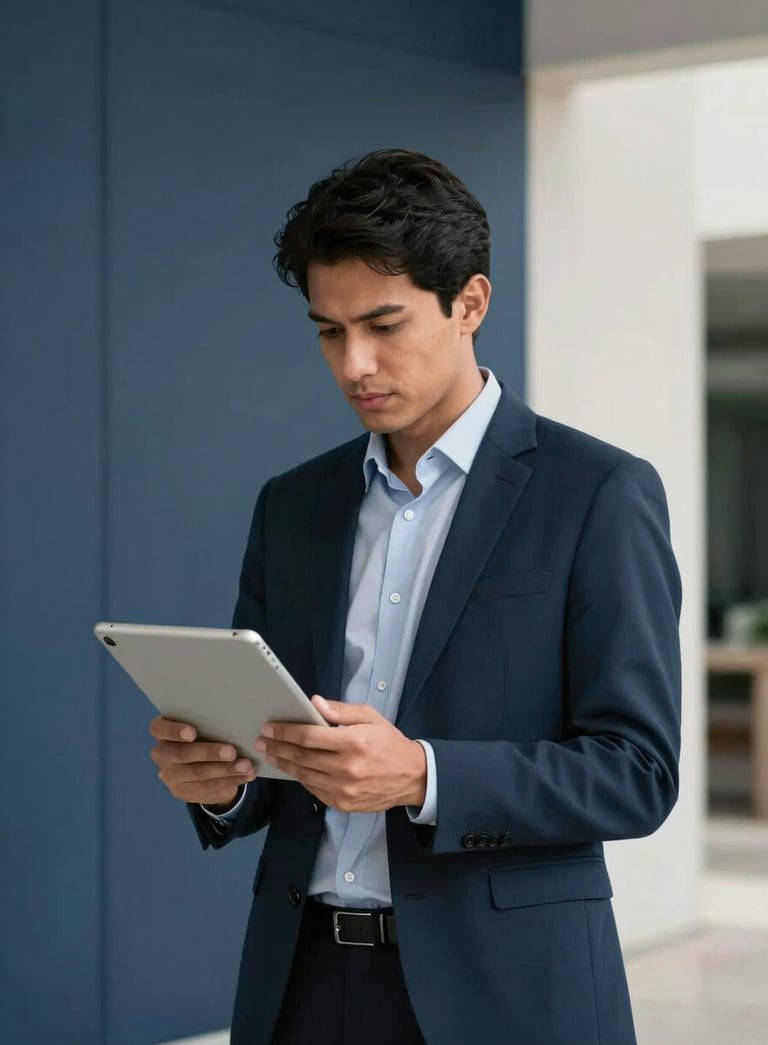 A confident professional in a modern South American / Brazilian corporate environment, looking at a tablet with a background of deep charcoal blue and soft off-white architecture.