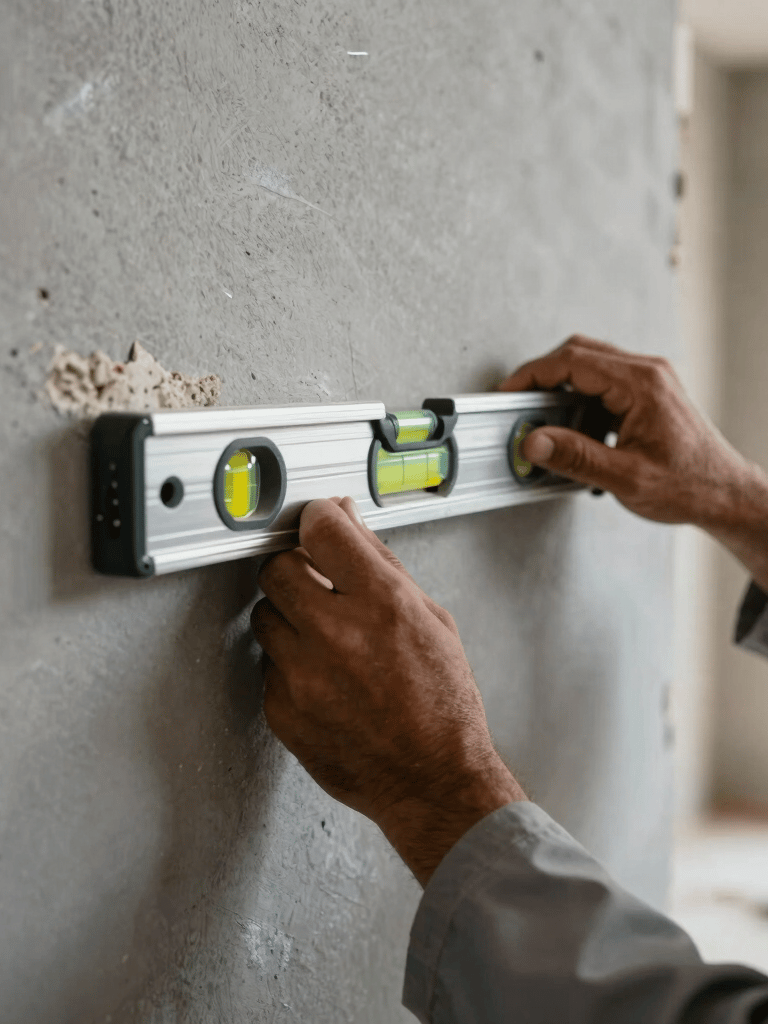 Close-up of a worker's hands in a Middle Eastern interior setting using a spirit level on a newly constructed wall, soft natural lighting, slate gray tones.