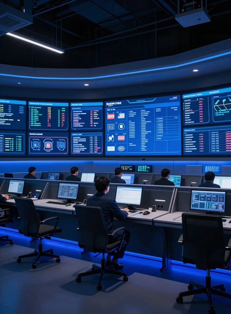 A wide shot of a futuristic command center with digital screens, illuminated by deep blue and royal blue ambient lighting, North American / US corporate setting.
